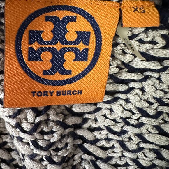 Tory Burch Crochet Tunic Sweater Womens XS Navy Beige Zig Zag V-Neck Knit Rayon - Picture 6 of 10